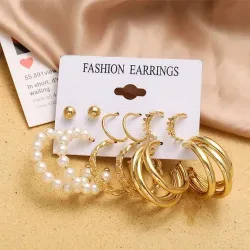 Vintage Pearl Alloy Hoop Earring Set (6 pairs)